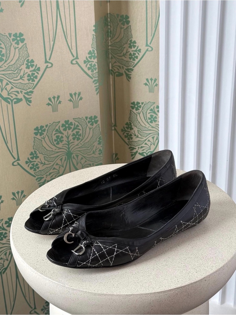 Vintage Christian Dior Black Ballet Flats Quilted Cannage Leather Open Toe